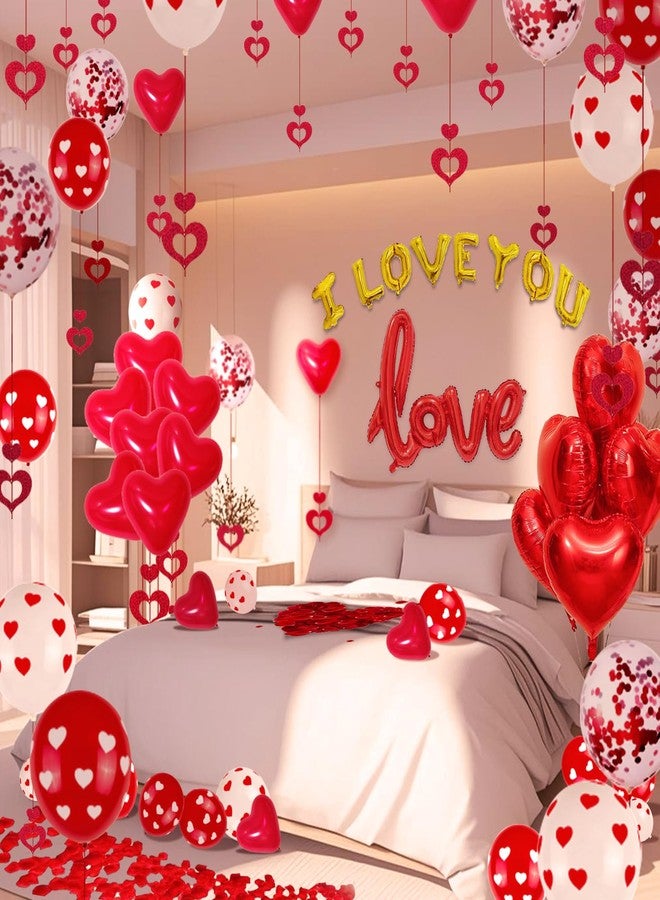 DECGOL 110PCS Valentine's Day Balloons with 1000 Pcs Silk Rose Petals I Love You Balloons 50Pcs Heart Hanging and Heart Print Balloon Set for Valentine's Day, Wedding Party Decorations Supplies - Image 1